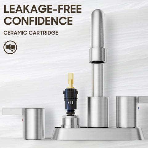 Brushed Nickel 4 Inch Centerset Bathroom Faucet With Two Handles Lead Free And Durable Includes Copper Pop Up Drain And Water Supply Lines Fits Pre Drilled Holes 1.1 To 1.38 Inches Easy Install Modern Look close-up showing ceramic cartridge and leakage-free design.
