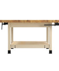 Solid As A Rock 4 Station Wood Workbench With Dual Vises And 64 By 54 Inch Spread showing side view, dual vises, hardwood build.
