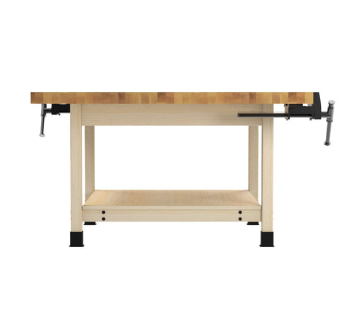 Solid As A Rock 4 Station Wood Workbench With Dual Vises And 64 By 54 Inch Spread showing side view, dual vises, hardwood build.