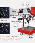 Coffee Machine With Built In Grinder Espresso Maker For Home Or Small Shop Semi Automatic With Single Or Double Shot And Stainless Steel Baskets Temperature Control From 92 To 96 Celsius showing steam knob and pressure gauge