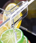 Close-up of Hella Tough Clear Acrylic Continuous Piano Hinge Set 12 Inch on a DIY storage box with colorful fruit slices.
