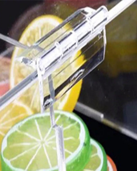 Close-up of Hella Tough Clear Acrylic Continuous Piano Hinge Set 12 Inch on a DIY storage box with colorful fruit slices.