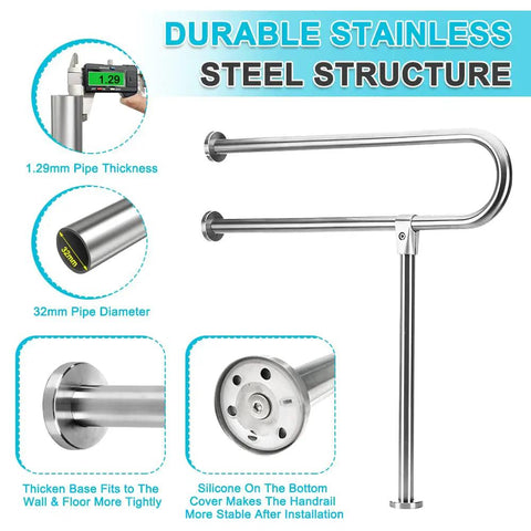 30 Inch Handicap Grab Bars For Bathroom Safety Rail Set shown with stainless steel structure and wall-to-floor mount details