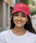 Woman wearing Cool Uncle Club Baseball Cap For Men Like A Dad But Cooler EST 2026, rose red, adjustable fit, outdoor scene