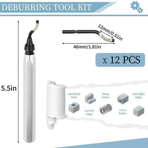 Pro Deburring Tool With 12 HSS Blades for 3D prints, metal, PVC, plastic; includes silver metal handle and blade dimensions