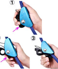 Hand holding Pro Grade Arborist Tree Climbing Lanyard with adjustable blue steel core rope and rope grab mechanism in use