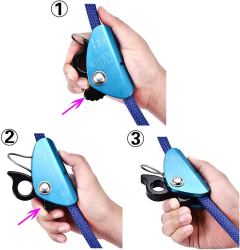 Hand holding Pro Grade Arborist Tree Climbing Lanyard with adjustable blue steel core rope and rope grab mechanism in use