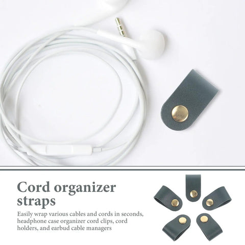 Premium Faux Leather Cable Organizer Straps For Earphones And USB Cables with snap closure and earphones representation.