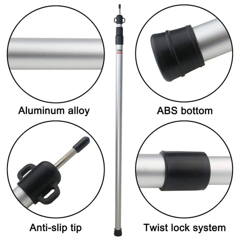 Diagram showing Two Pack Adjustable Tarp Poles Aluminum Telescoping Rods with features like aluminum alloy, ABS bottom, twist lock, anti-slip tip.