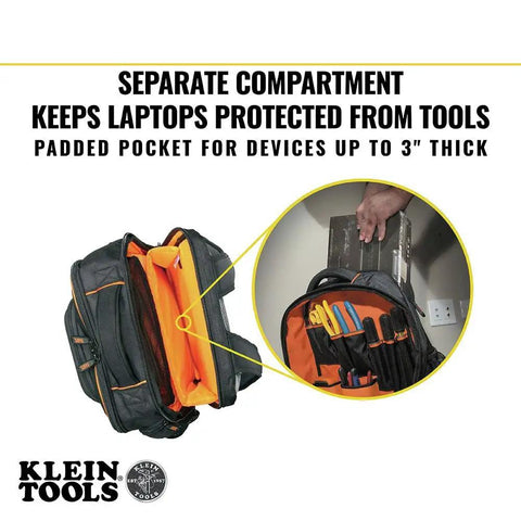 Rugged Tech Ready Laptop Backpack And Tool Bag For Pros with padded 3 inch laptop compartment and tool pocket, orange interior.