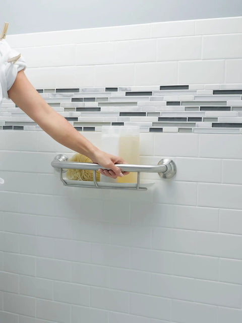 30 Inch Flip Up Grab Bar With Storage Shelf For Bathtub And Shower Stainless Steel Safety Rail For Elderly Help Space Saving Design Easy Secure Mount Supports Up To 250 Lbs installed on tiled wall