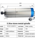 Badass 5500W 220V Water Cooled Spindle For CNC Router With ER25 Chuck And Ceramic Bearings Cranking 24000 RPM detailed view with dimensions.