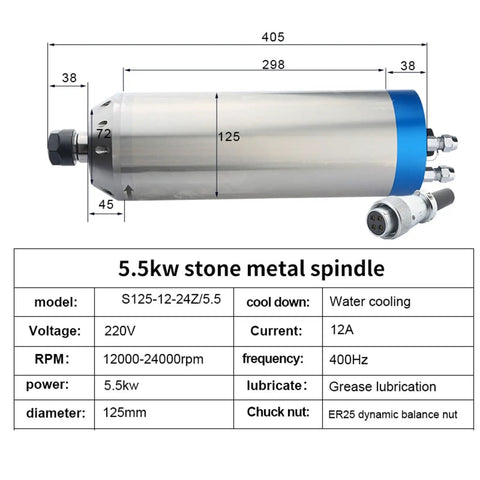 Badass 5500W 220V Water Cooled Spindle For CNC Router With ER25 Chuck And Ceramic Bearings Cranking 24000 RPM detailed view with dimensions.