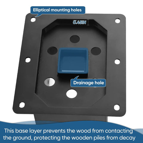 Close-up of Six Pack 4x6 Heavy Duty Metal Post Base Bracket with drainage hole and mounting holes visible.