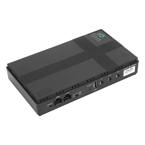 Rock Solid 20000 Mah Ups Battery Backup Offering 18 Watt Output And Us Plug To Keep Your Routers Running No Sweat During Unexpected Power Outages At Home Or Office, showing black power backup unit with input ports.