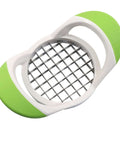 Aoserge handheld potato fries cutter, 304 stainless steel grid blade, green and white plastic handle (front view)