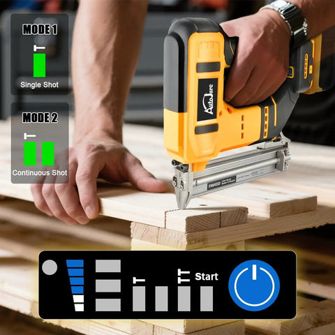 Smooth Operator 18 Gauge Cordless Brad Nailer And Stapler Brushless Design Works Like A Dream With DeWalt 20V Batteries shown in use on wood.