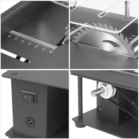 Badass Compact Mini Table Saw Featuring 200 Watt Motor For Smooth Hardwood And Acrylic Cutting Hella Precise Portable Bench Saw showing measuring scale and blade details