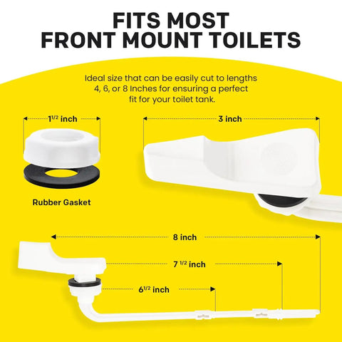 Diagram of toilet tank flush lever component sizes, includes a rubber gasket; text highlights fit for most front mount toilets.