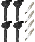 All In One Four Ignition Coils With Four Iridium Spark Plugs Kit For Mercedes Benz SLK250 1.8L 2012 2013 2014 2015 And C250 1.8L 2012 2013 2014 2015 Replacement Pack No Fuss Install showing four coils and plugs.