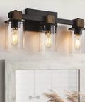 3 Light Rustic Wood Vanity Light With Clear Glass Shades Modern Black Farmhouse Bathroom Over Mirror Fixture Industrial Chic