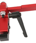 Premium Alloy Steel Miter Track Stop For Type 75 T Track Jigs showing detail views of black lever and red body components.