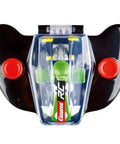 Top view of Carrera RC Nintendo Mario Kart 2.4 GHz Mini Collectible Radio Remote Control Toy Car Vehicle Luigi in clear display case.