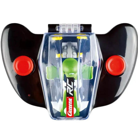 Top view of Carrera RC Nintendo Mario Kart 2.4 GHz Mini Collectible Radio Remote Control Toy Car Vehicle Luigi in clear display case.