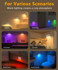 Rechargeable Motion Sensor Stair Lights With RGB And Warm White installed in various home settings like stairs and bathrooms.