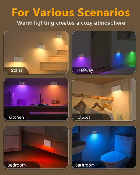 Rechargeable Motion Sensor Stair Lights With RGB And Warm White installed in various home settings like stairs and bathrooms.