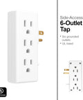 Six Outlet Side Entry Power Tap Side Access Adapter, slim vertical design, showing six outlets and UL certification mark