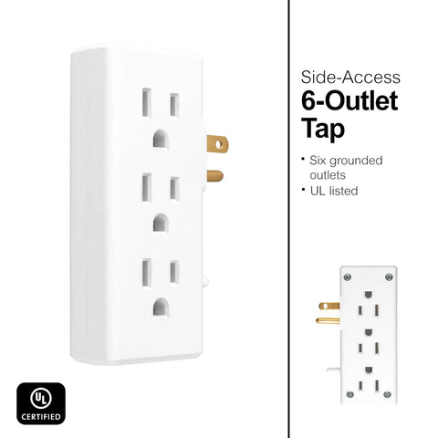 Six Outlet Side Entry Power Tap Side Access Adapter, slim vertical design, showing six outlets and UL certification mark