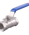 Stainless steel 1/2 in ball valve with blue lever handle and female NPT threads.