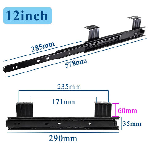 Heavy Duty Drawer Slides Detachable 10in or 12in Length, 3 Fold Glides, Ball Bearing Runners for Smooth Quiet Opening, Rustproof Cold-Rolled Steel, High Load 40kg Per Pair, Durable and Reliable for Fast Fixes, 12in slide dimensions