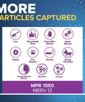 Allergen Buster Electrostatic Air Filter infographic showing particles like lint, pollen, pet dander trapped, MPR 1550, MERV 12