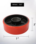 Replacement Pallet Jack Wheel Set 7x2 Inch Red Polyurethane Rollers Pair For Manual Pallet Trucks With 6204 Bearings 20mm ID 47mm OD Two Inch Hub Length, close-up view of single wheel showing dimensions.
