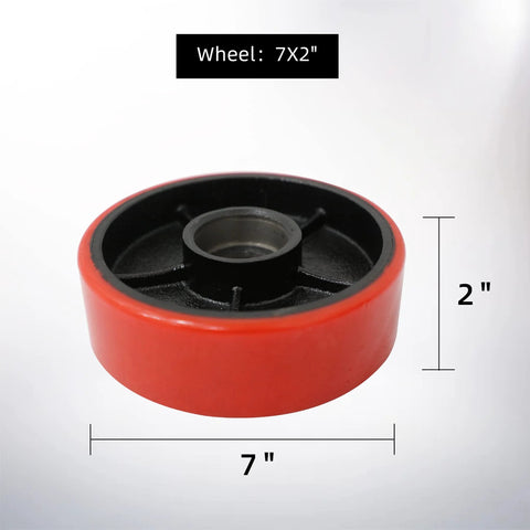 Replacement Pallet Jack Wheel Set 7x2 Inch Red Polyurethane Rollers Pair For Manual Pallet Trucks With 6204 Bearings 20mm ID 47mm OD Two Inch Hub Length, close-up view of single wheel showing dimensions.