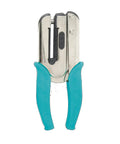 Front view of the Crop-A-Dile Power Punch For One Quarter Inch Holes Scrapbooking Tool with teal handles and metal punch mechanism.