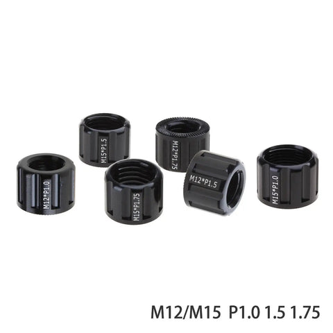 Super Durable Aluminum Bike Thru Axle Nut 12mm 15mm Thread Quick Release Cap various sizes and threads for bike hubs.