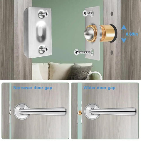 Stainless Steel Ball Catch for Top Of Door And Closet Doors Recessed Install Adjustable Spring Heavy Duty Latch Hardware viewed as installed showing narrow and wide door gaps.