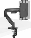 Level Up Your Workspace With This Height Adjustable Counterbalance Desk Mount For Tablets And 15 6 Inch Two In One Laptops, black mount with smooth arm.