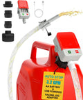 Auto-stop fuel transfer pump for gas cans; red portable unit with 51-inch hose and 4 adapters