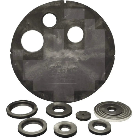 Radon Vented Sump Lid Kit With Gaskets for PVC Pipes, black poly lid and multiple-sized gaskets for inlets and vent pipes.