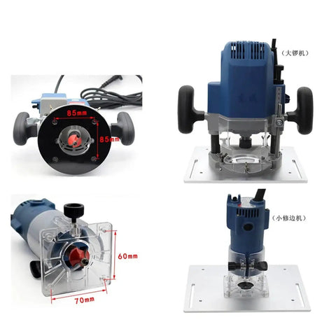 Heavy Duty Aluminum Router Table Insert Plate With Precision Center Bushing Flip Top Mount shown with different router models.