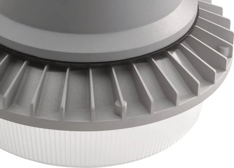 Close-up of gray Outdoor BGR P2 LED Dusk To Dawn Security Light, showing ribbed housing for efficient 36W 4700 Lumen floodlight.