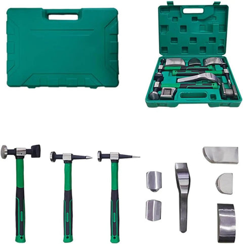9 Piece Auto Body Hammer And Dolly Kit For DIY Dent Repair with heavy duty paintless tools in green carrying case displayed