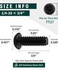 1/4-20 X 3/4 Button Head Torx Security Screws 304 Stainless Steel Black size chart showing dimensions and fittings.