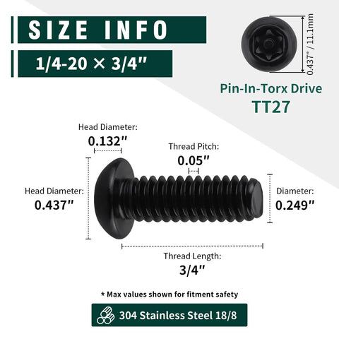 1/4-20 X 3/4 Button Head Torx Security Screws 304 Stainless Steel Black size chart showing dimensions and fittings.