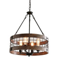 Gray 4 Light Retro Industrial Drum Pendant Chandelier With Wood Accents And Metal Finish, Hanging Ceiling Light Fixture