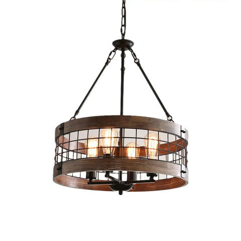 Gray 4 Light Retro Industrial Drum Pendant Chandelier With Wood Accents And Metal Finish, Hanging Ceiling Light Fixture